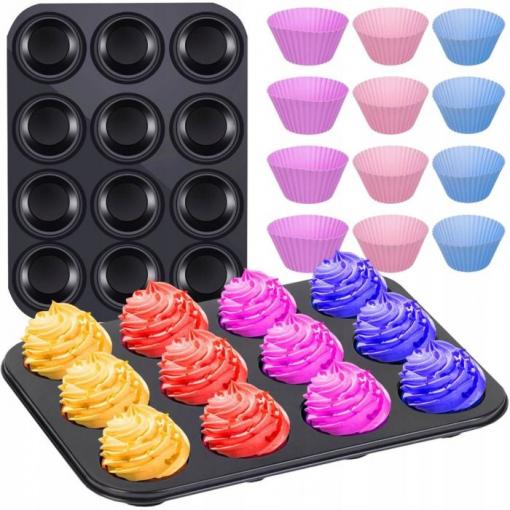 Forma na muffiny s teflonovaným povrchem, 12 silikonových košíčků