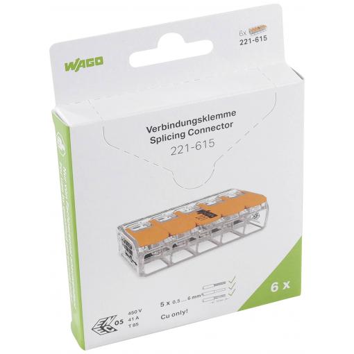 WAGO 221-615, 221, kabelová svorka, 0.5-6 mm², kontakty 5, transparentní, oranžová, 6 ks