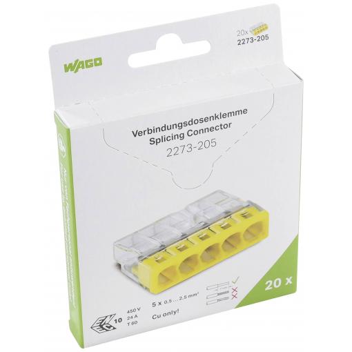 krabicová svorka Tuhost (příčný řez): 0.5-2.5 mm² Pólů: 5 WAGO 2273 20 ks transparentní, žlutá