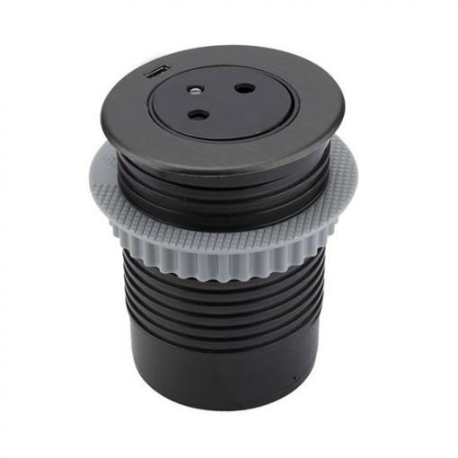 Solight 1z + 1x USB-C vestavná zásuvka, nerez ocel, EasyEject systém, prodlužovací přívod 1,5m, 3x 1,5mm2, USB 3.0A, tmavá metalická - PP127