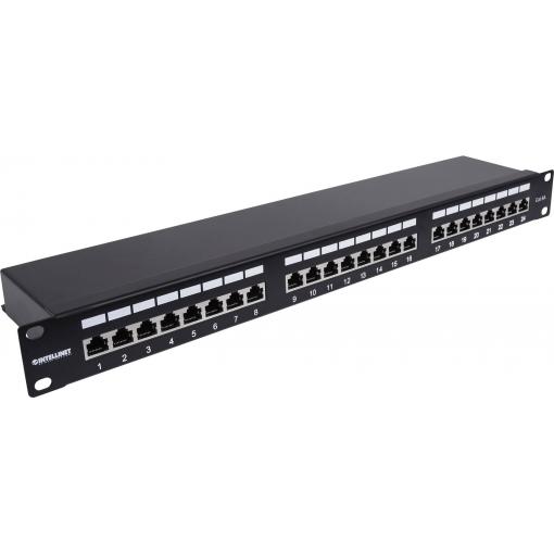 Intellinet 24-Port Cat6a Patchpanel geschirmt 1HE Kabeleinführung 90° abgewinkelt schwarz 24 portů patch panel 483 mm (19) CAT 6A 1 U černá osazený