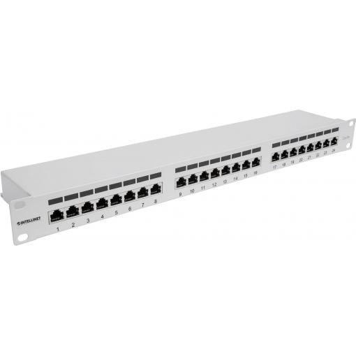 Intellinet 24-Port Cat6a Patchpanel geschirmt 1HE Kabeleinführung 90° abgewinkelt grau 24 portů patch panel 483 mm (19) CAT 6A 1 U šedá (RAL 7035) osazený