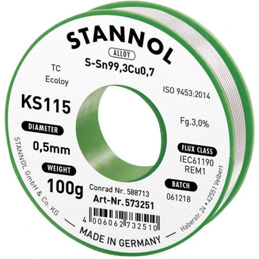 Stannol KS115 bezolovnatý pájecí cín cívka Sn99,3Cu0,7 ROM1 100 g 0.5 mm